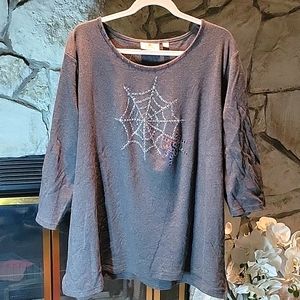Quacker Factory 3X Halloween Spider Web 3/4 Sleeve Top.